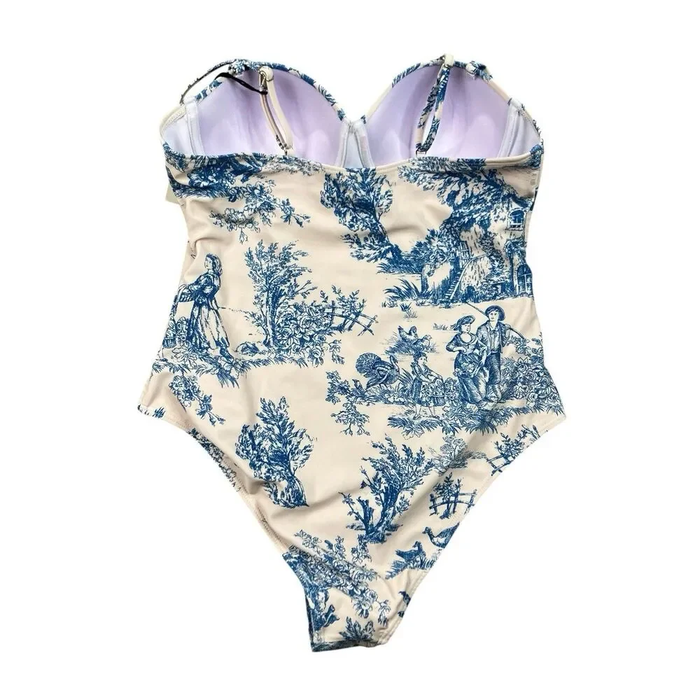 Toile de Jouy Corset One Piece Underwire Swimsuit Cider Womens M Blue Ivory
